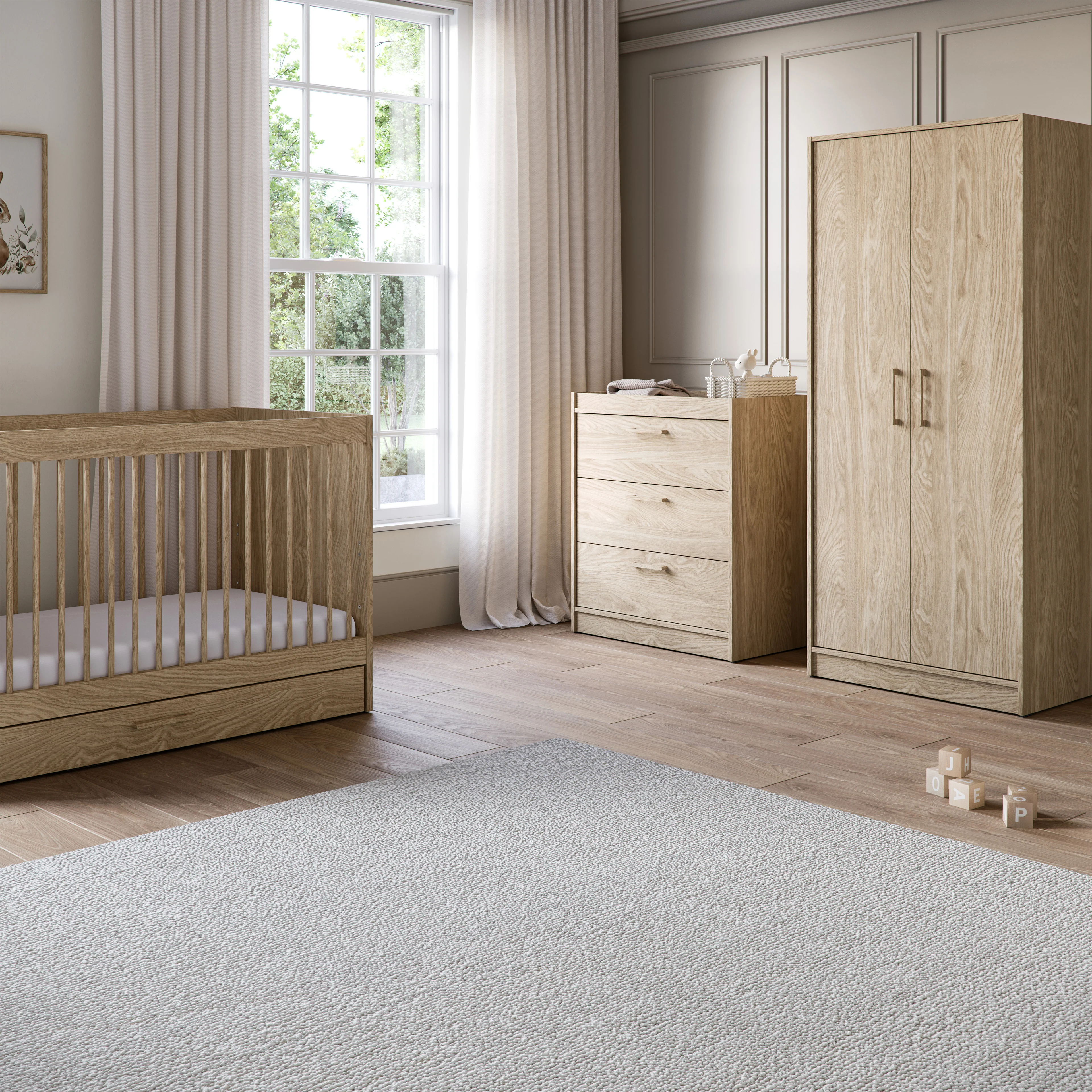 Geneva 3 Piece Nursery Set with Convertible Cot to Toddler Bed, Dresser & Wardrobe